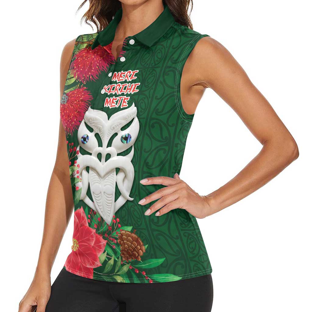 Maori Wheku Meri Kirihimete Personalised Women Sleeveless Polo Shirt All Green Indigenous Maori Motif - Polynesian Pride