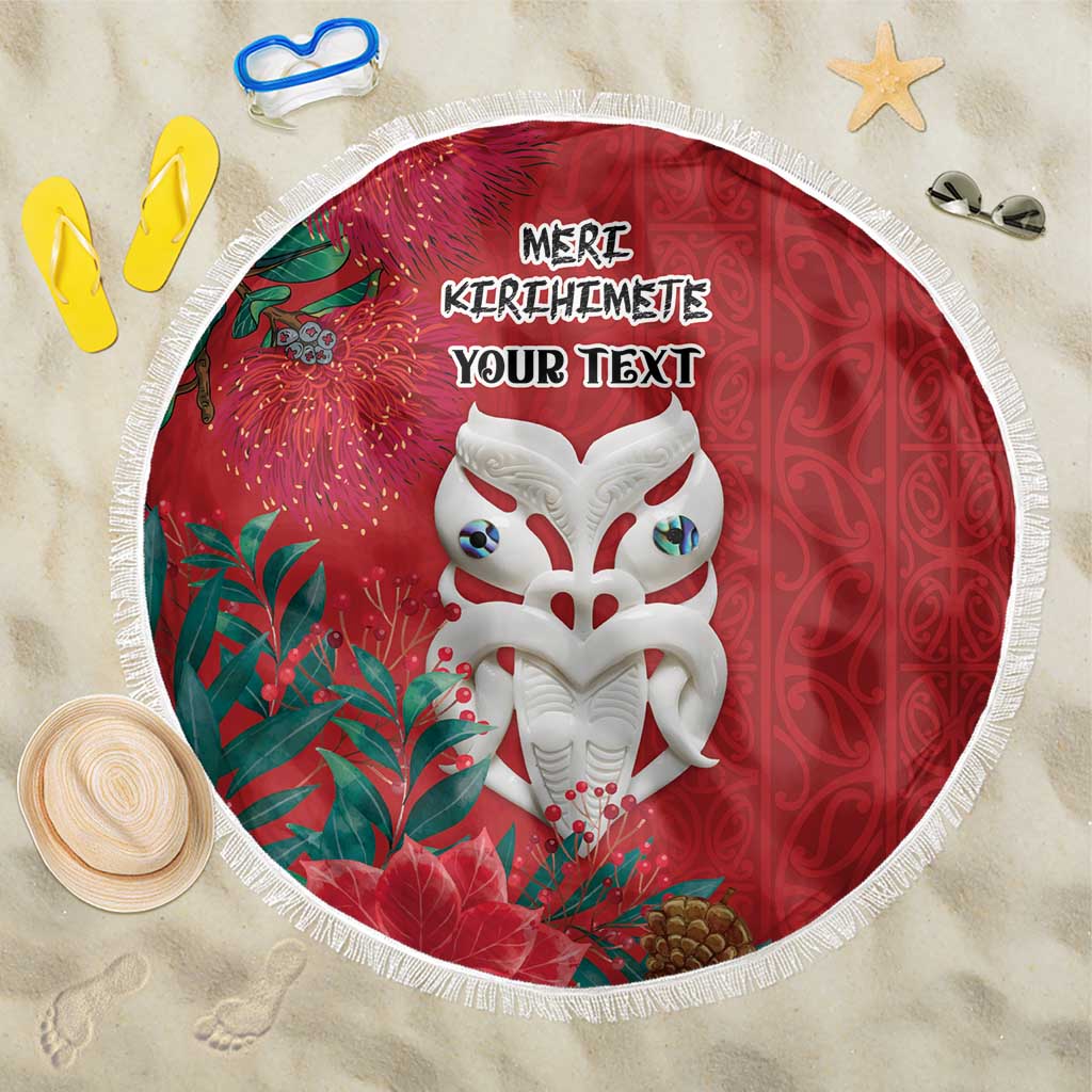 Maori Wheku Meri Kirihimete Personalised Beach Blanket All Red Indigenous Maori Motif - Polynesian Pride