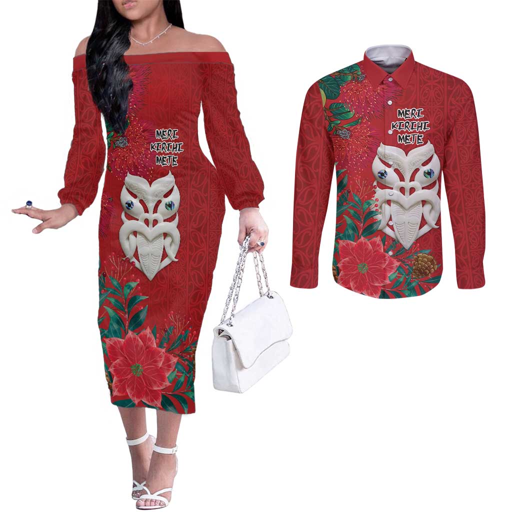Maori Wheku Meri Kirihimete Personalised Couples Matching Off The Shoulder Long Sleeve Dress and Long Sleeve Button Shirt All Red Indigenous Maori Motif - Polynesian Pride