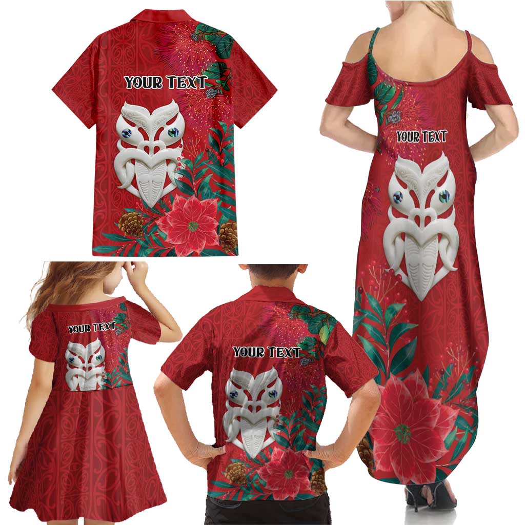 Maori Wheku Meri Kirihimete Personalised Family Matching Summer Maxi Dress and Hawaiian Shirt All Red Indigenous Maori Motif - Polynesian Pride