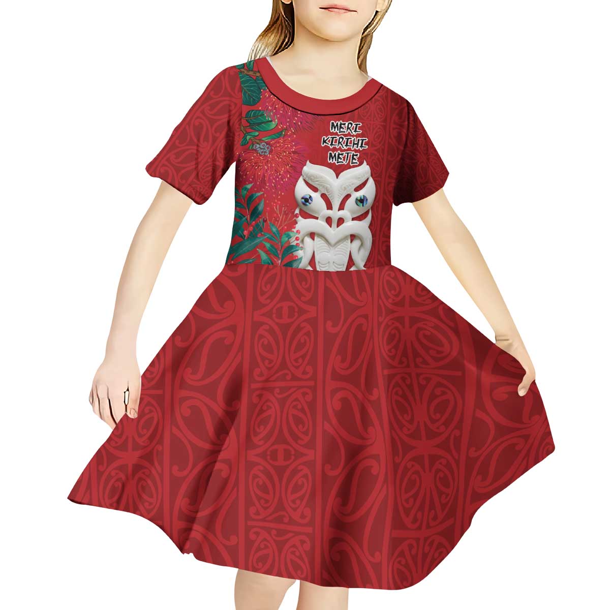 Maori Wheku Meri Kirihimete Personalised Kid Short Sleeve Dress All Red Indigenous Maori Motif - Polynesian Pride