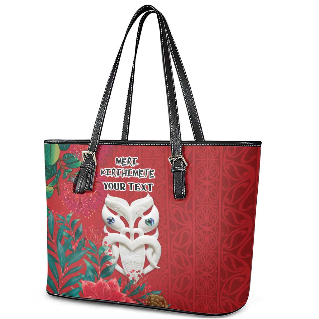 Maori Wheku Meri Kirihimete Personalised Leather Tote Bag All Red Indigenous Maori Motif - Polynesian Pride