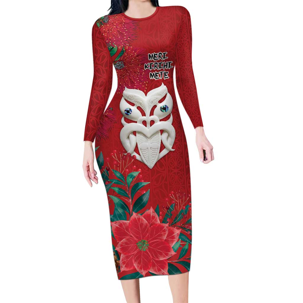 Maori Wheku Meri Kirihimete Personalised Long Sleeve Bodycon Dress All Red Indigenous Maori Motif - Polynesian Pride