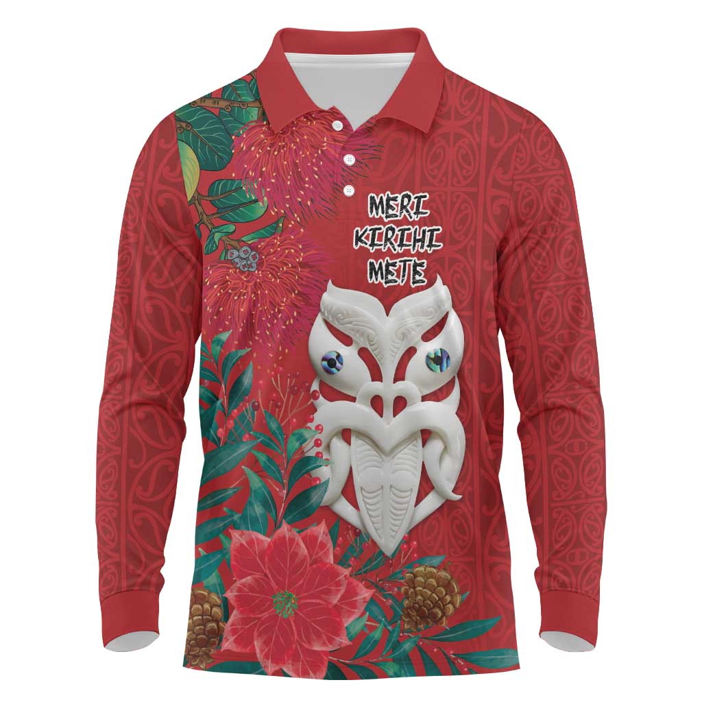 Maori Wheku Meri Kirihimete Personalised Long Sleeve Polo Shirt All Red Indigenous Maori Motif - Polynesian Pride