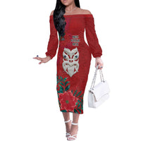 Maori Wheku Meri Kirihimete Personalised Off The Shoulder Long Sleeve Dress All Red Indigenous Maori Motif - Polynesian Pride