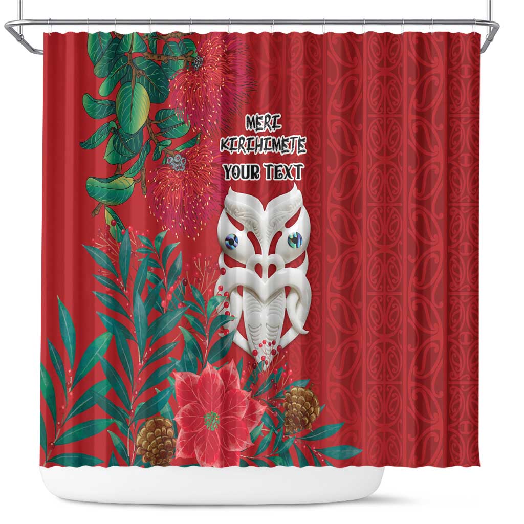Maori Wheku Meri Kirihimete Personalised Shower Curtain All Red Indigenous Maori Motif - Polynesian Pride