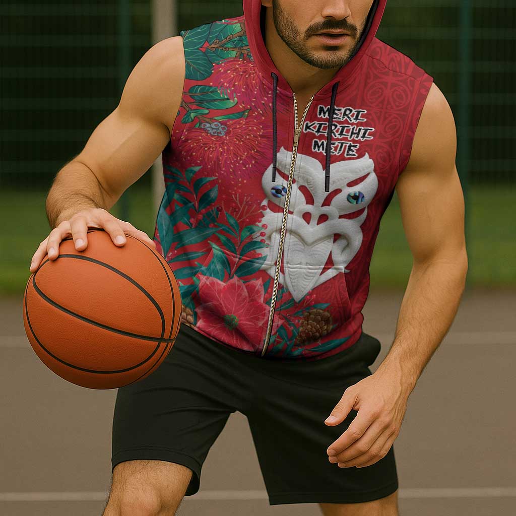Maori Wheku Meri Kirihimete Personalised Sleeveless Zip Hoodie All Red Indigenous Maori Motif - Polynesian Pride