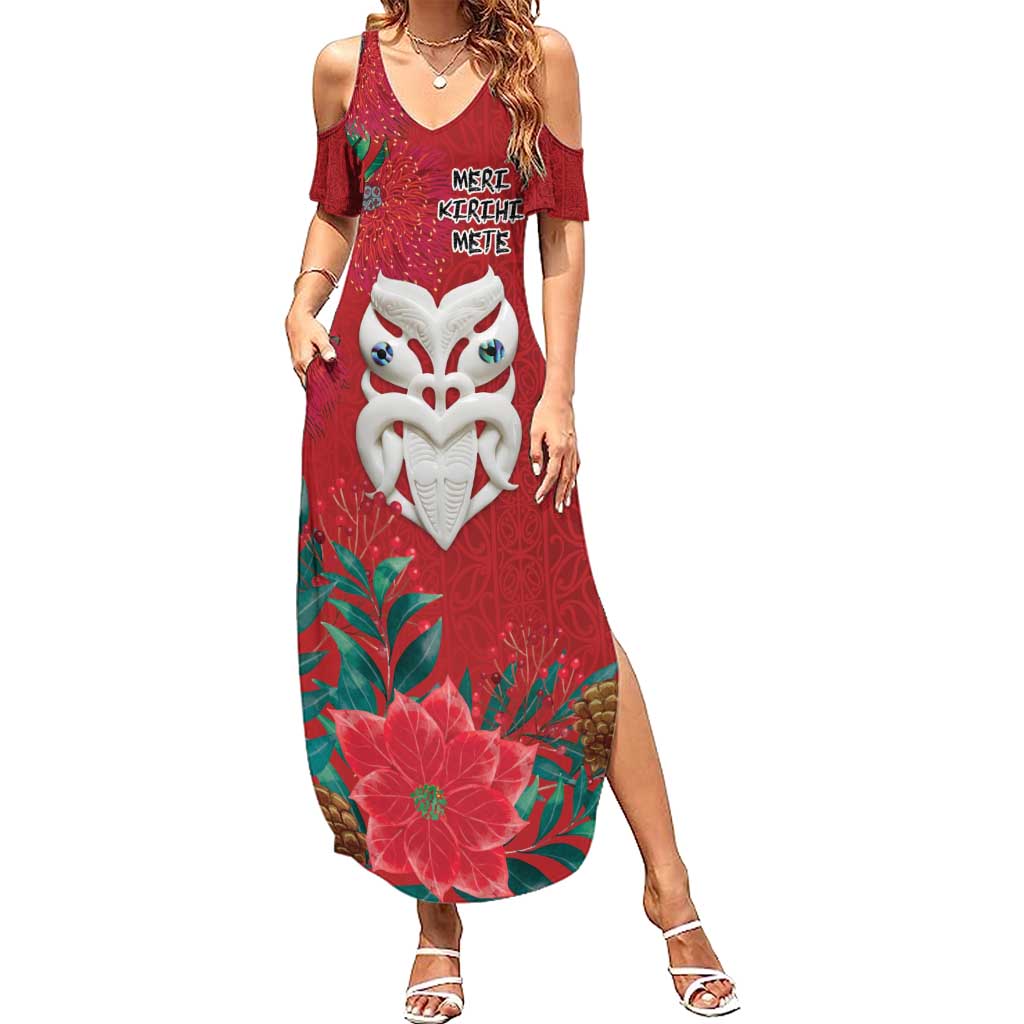 Maori Wheku Meri Kirihimete Personalised Summer Maxi Dress All Red Indigenous Maori Motif - Polynesian Pride