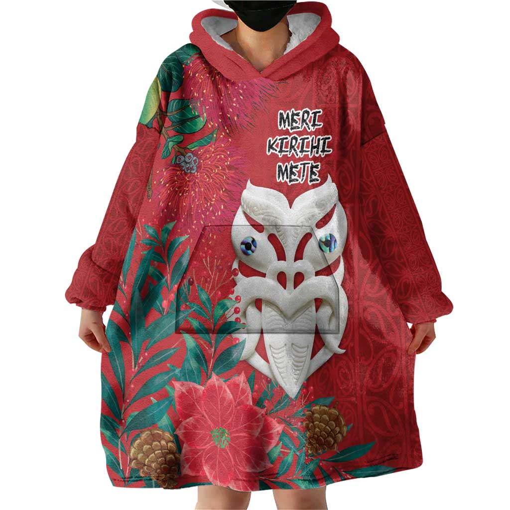 Maori Wheku Meri Kirihimete Personalised Wearable Blanket Hoodie All Red Indigenous Maori Motif - Polynesian Pride