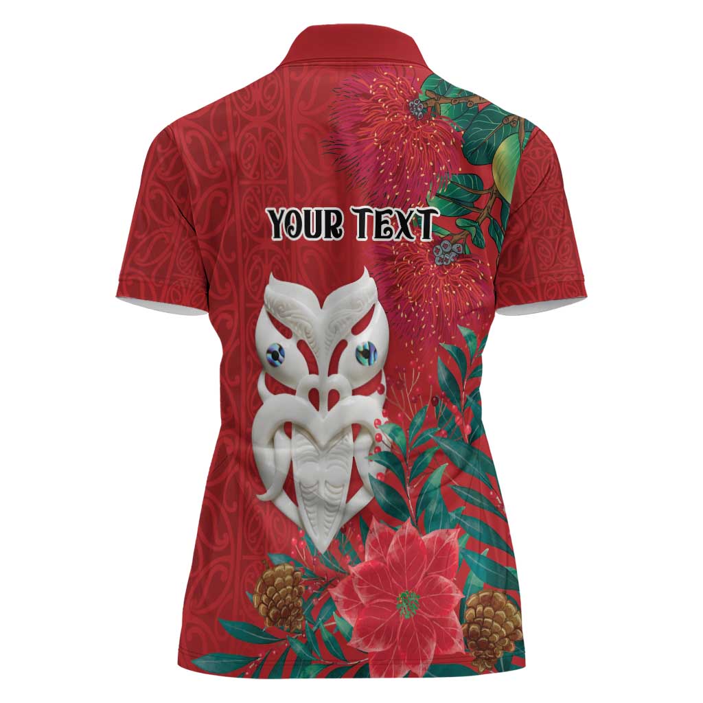 Maori Wheku Meri Kirihimete Personalised Women Polo Shirt All Red Indigenous Maori Motif - Polynesian Pride