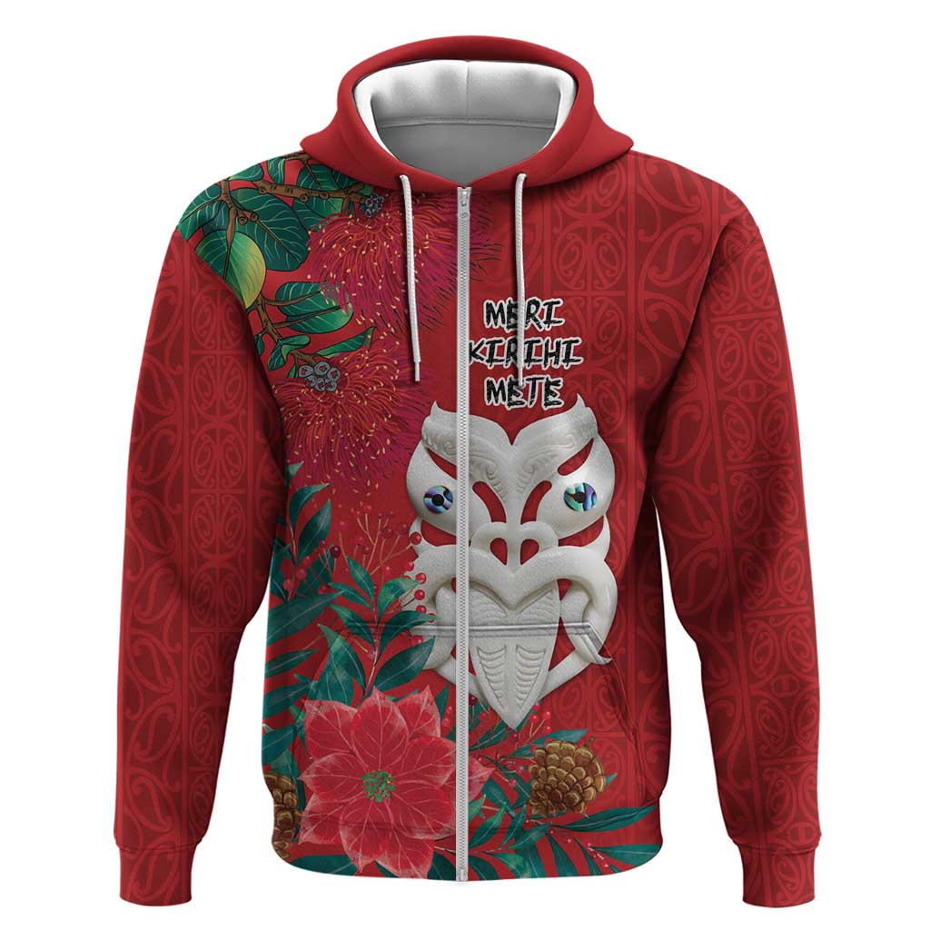 Maori Wheku Meri Kirihimete Personalised Zip Hoodie All Red Indigenous Maori Motif - Polynesian Pride