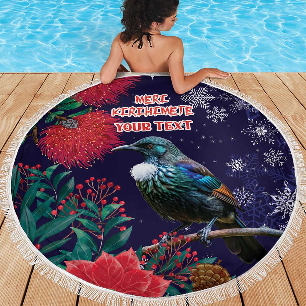 Tui Meri Kirihimete Personalised Beach Blanket Pohutukawa Flowers Blue Motif - Polynesian Pride