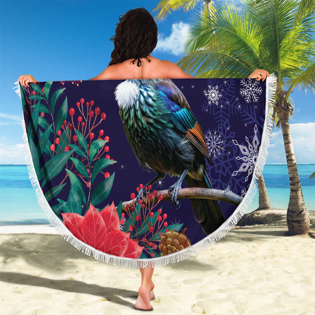 Tui Meri Kirihimete Personalised Beach Blanket Pohutukawa Flowers Blue Motif - Polynesian Pride