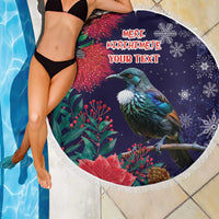 Tui Meri Kirihimete Personalised Beach Blanket Pohutukawa Flowers Blue Motif - Polynesian Pride