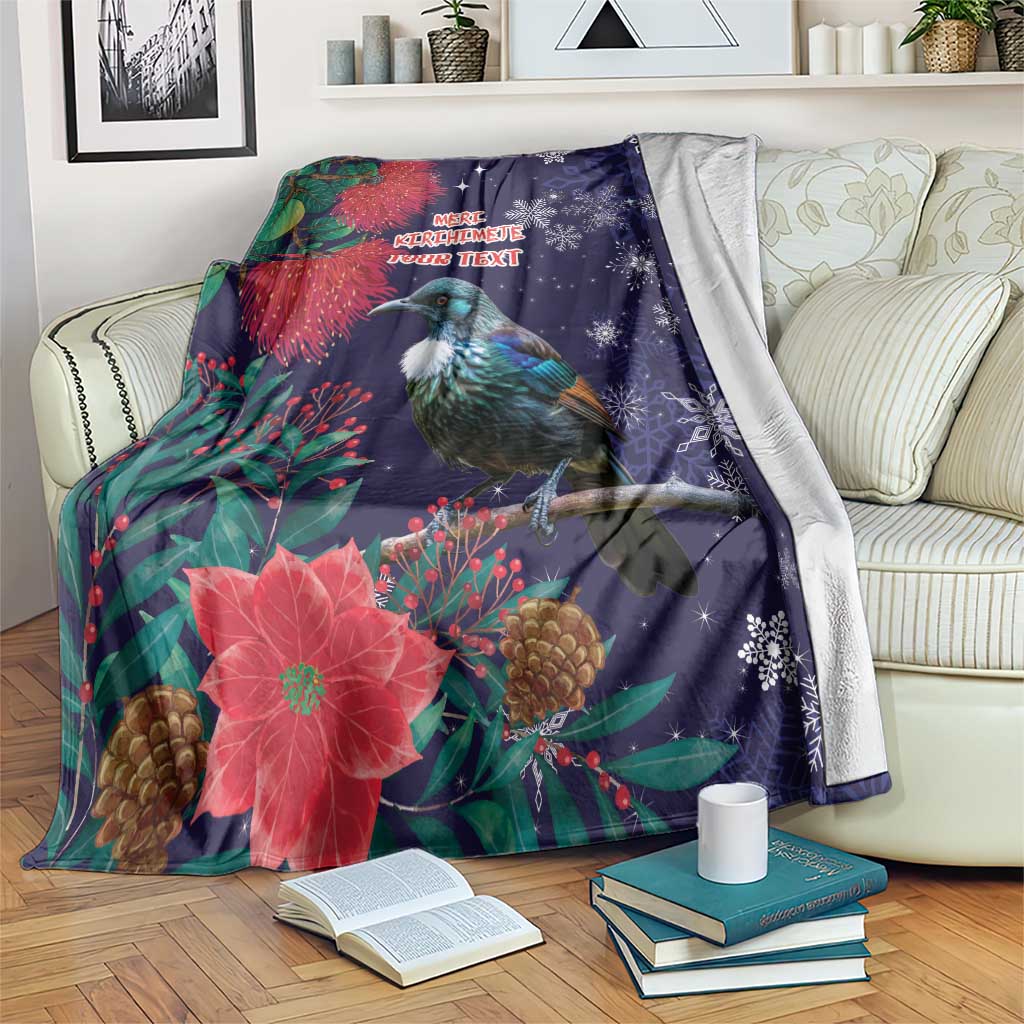 Tui Meri Kirihimete Personalised Blanket Pohutukawa Flowers Blue Motif - Polynesian Pride