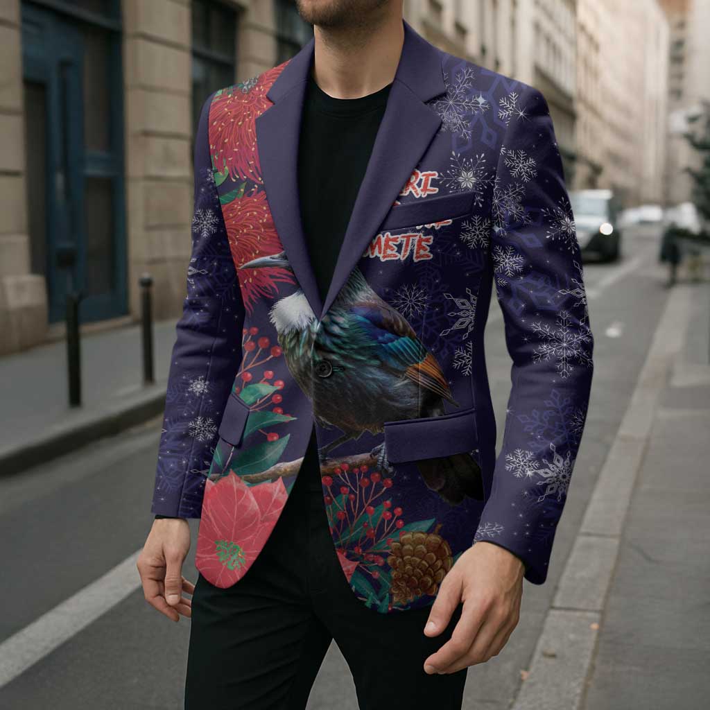 Tui Meri Kirihimete Personalised Blazer Pohutukawa Flowers Blue Motif - Polynesian Pride