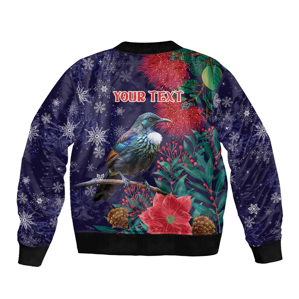 Tui Meri Kirihimete Personalised Bomber Jacket Pohutukawa Flowers Blue Motif - Polynesian Pride