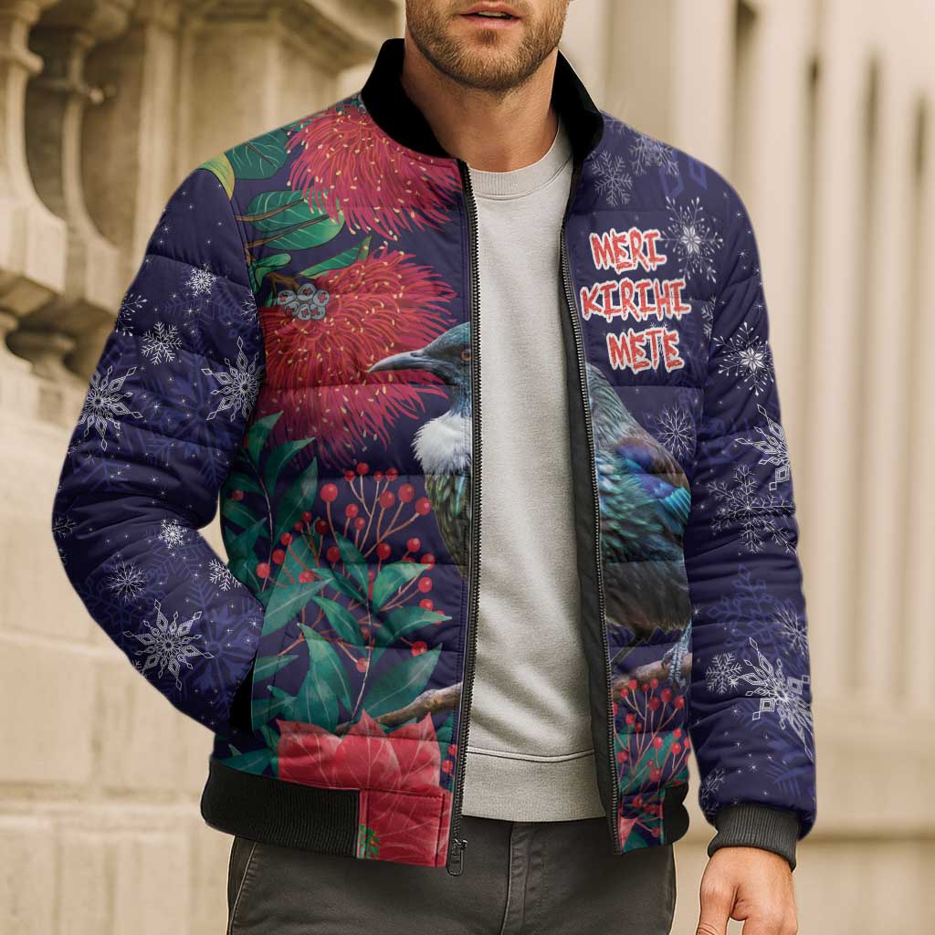 Tui Meri Kirihimete Personalised Bomber Puffer Jacket Pohutukawa Flowers Blue Motif LT9 - Polynesian Pride