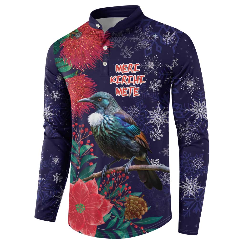 Tui Meri Kirihimete Personalised Button Sweatshirt Pohutukawa Flowers Blue Motif LT9 - Polynesian Pride