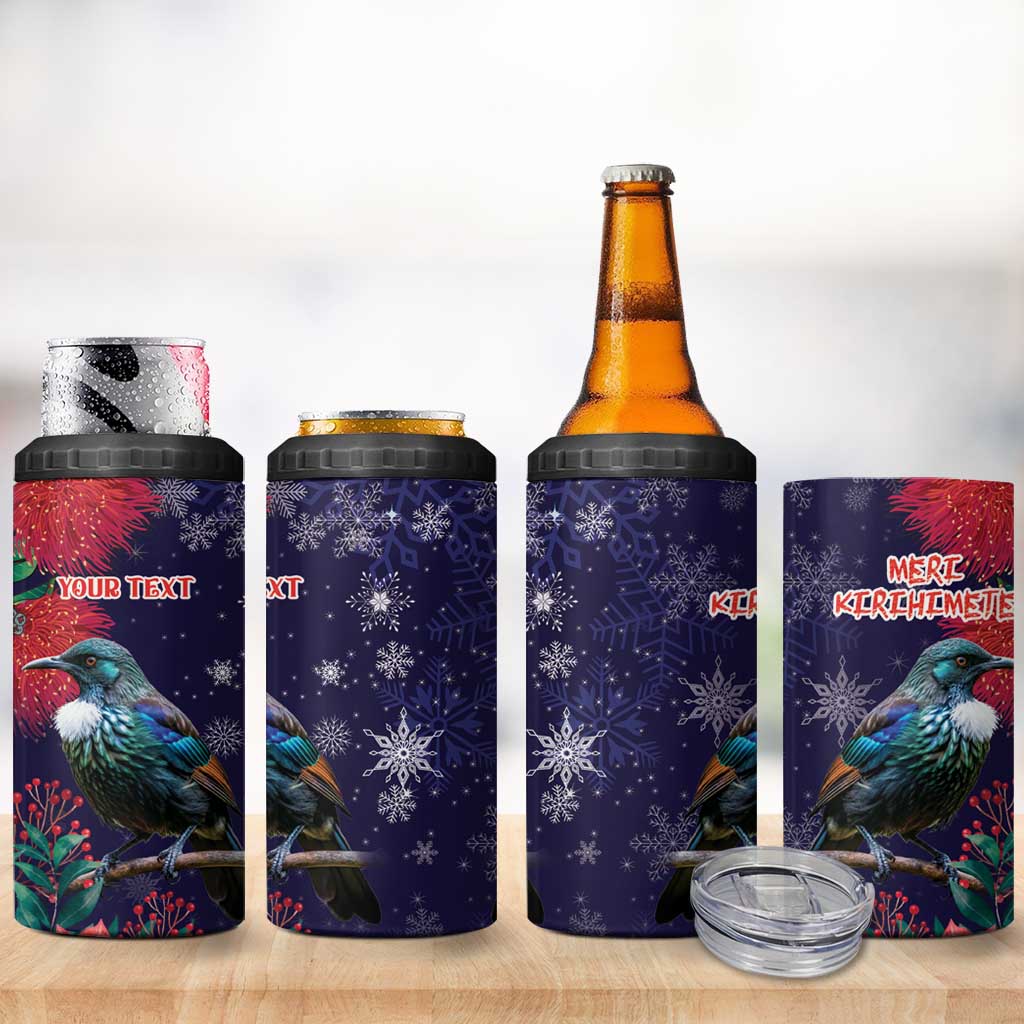 Tui Meri Kirihimete Personalised 4 in 1 Can Cooler Tumbler Pohutukawa Flowers Blue Motif - Polynesian Pride
