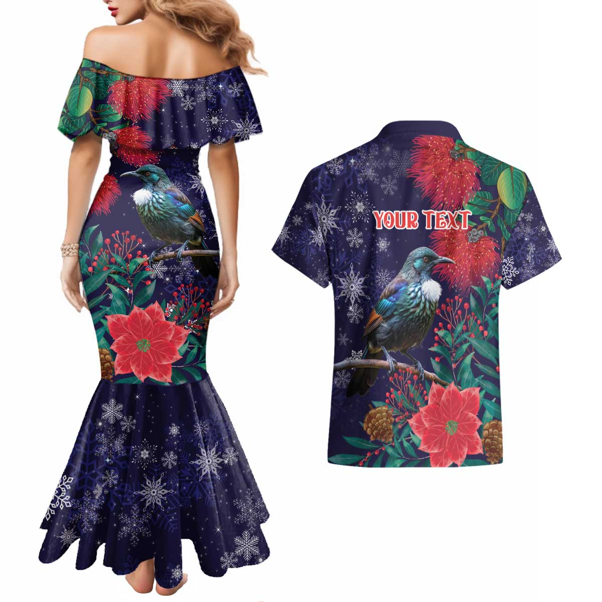 Tui Meri Kirihimete Personalised Couples Matching Mermaid Dress and Hawaiian Shirt Pohutukawa Flowers Blue Motif - Polynesian Pride