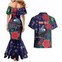 Tui Meri Kirihimete Personalised Couples Matching Mermaid Dress and Hawaiian Shirt Pohutukawa Flowers Blue Motif - Polynesian Pride