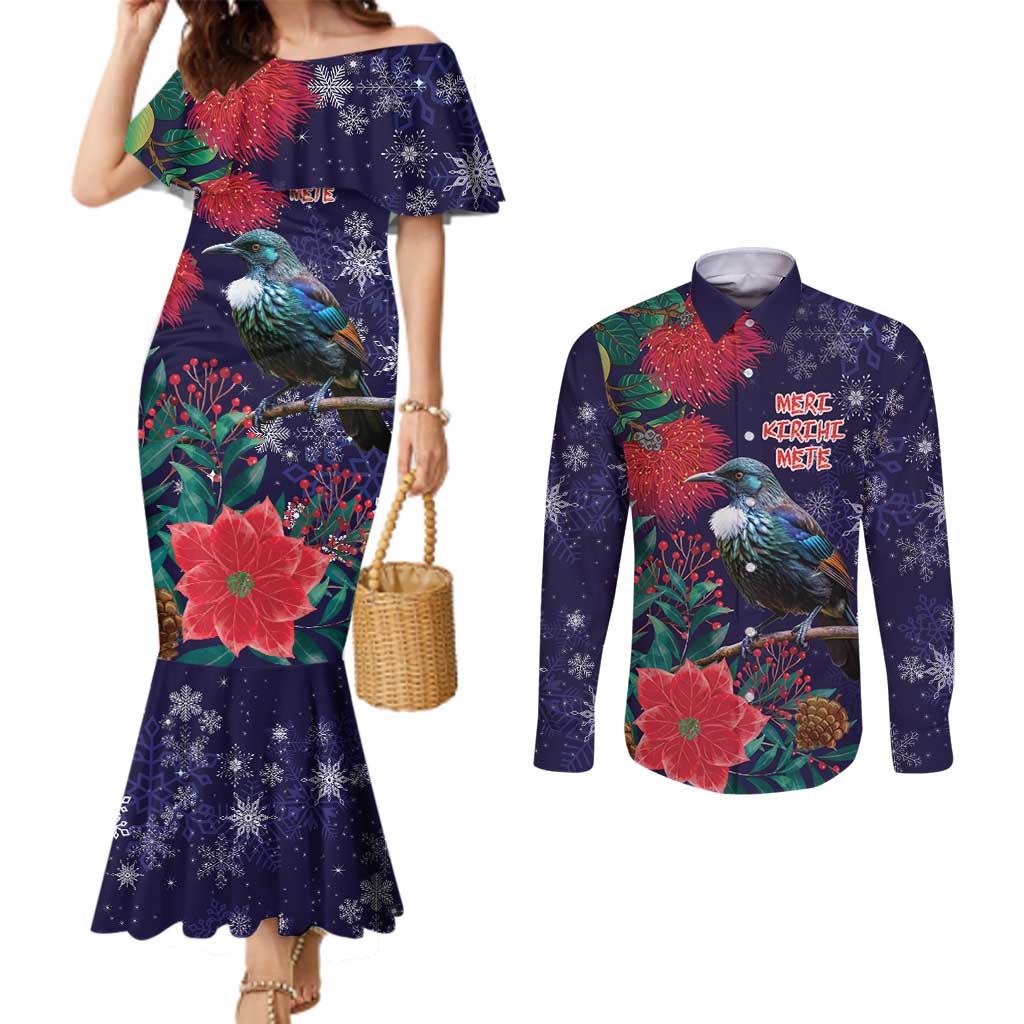 Tui Meri Kirihimete Personalised Couples Matching Mermaid Dress and Long Sleeve Button Shirt Pohutukawa Flowers Blue Motif - Polynesian Pride