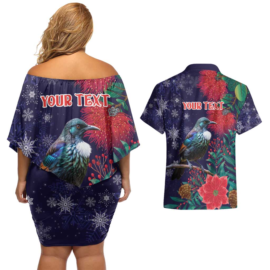Tui Meri Kirihimete Personalised Couples Matching Off Shoulder Short Dress and Hawaiian Shirt Pohutukawa Flowers Blue Motif - Polynesian Pride