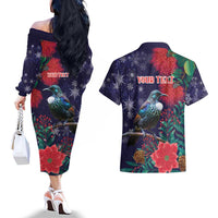 Tui Meri Kirihimete Personalised Couples Matching Off The Shoulder Long Sleeve Dress and Hawaiian Shirt Pohutukawa Flowers Blue Motif - Polynesian Pride