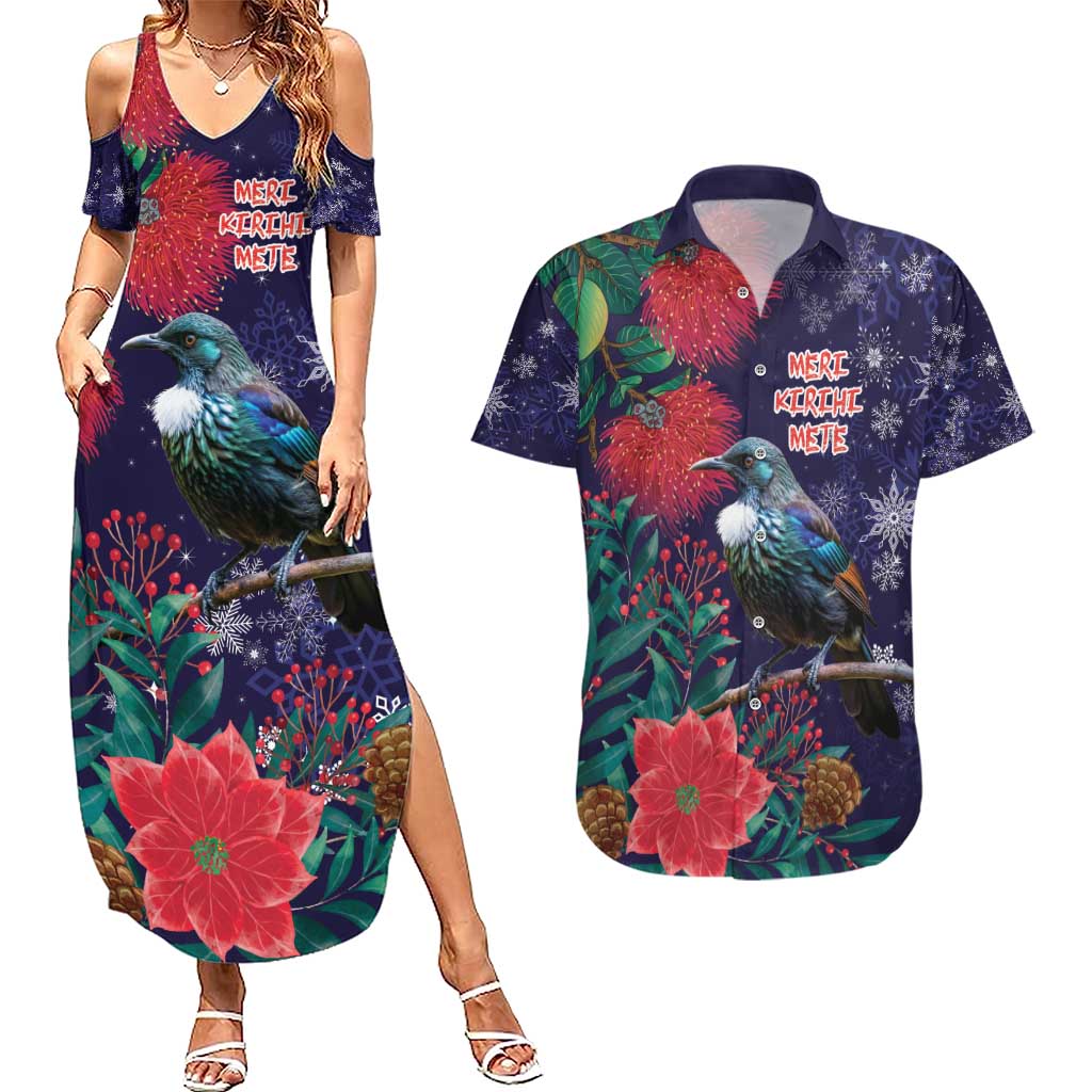 Tui Meri Kirihimete Personalised Couples Matching Summer Maxi Dress and Hawaiian Shirt Pohutukawa Flowers Blue Motif - Polynesian Pride