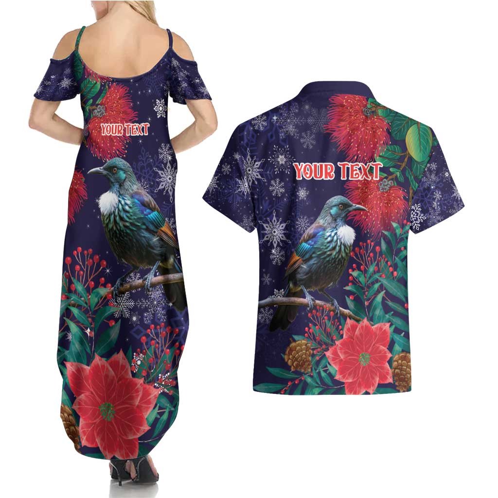 Tui Meri Kirihimete Personalised Couples Matching Summer Maxi Dress and Hawaiian Shirt Pohutukawa Flowers Blue Motif - Polynesian Pride