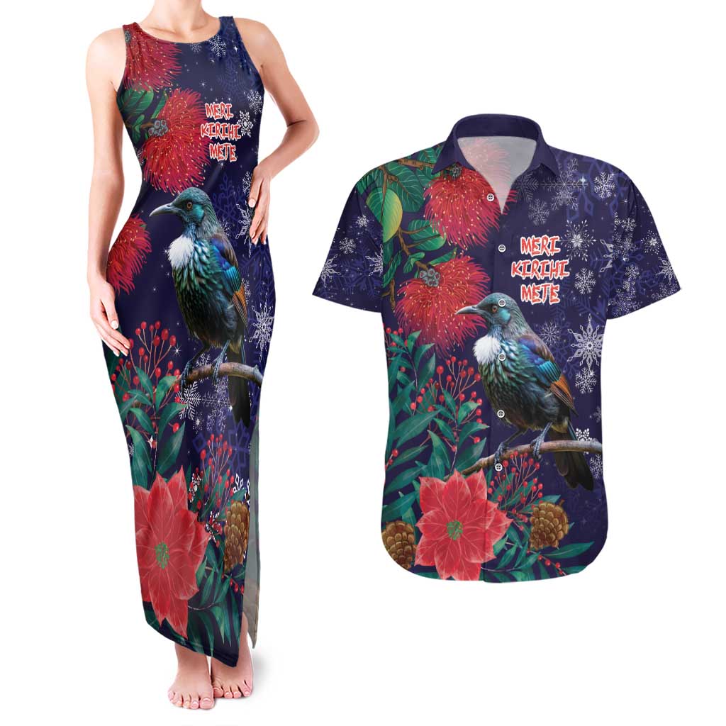 Tui Meri Kirihimete Personalised Couples Matching Tank Maxi Dress and Hawaiian Shirt Pohutukawa Flowers Blue Motif - Polynesian Pride