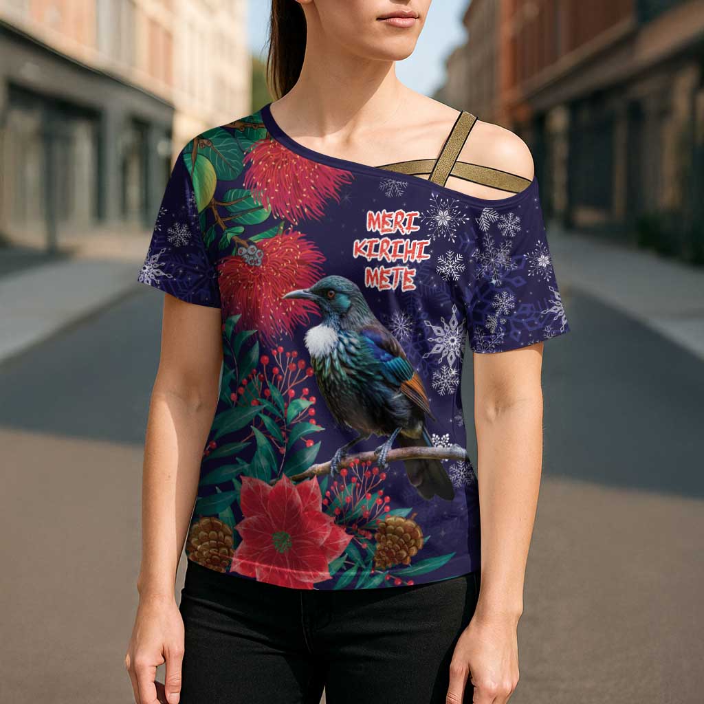 Tui Meri Kirihimete Personalised Cross Shoulder Shirt Pohutukawa Flowers Blue Motif - Polynesian Pride
