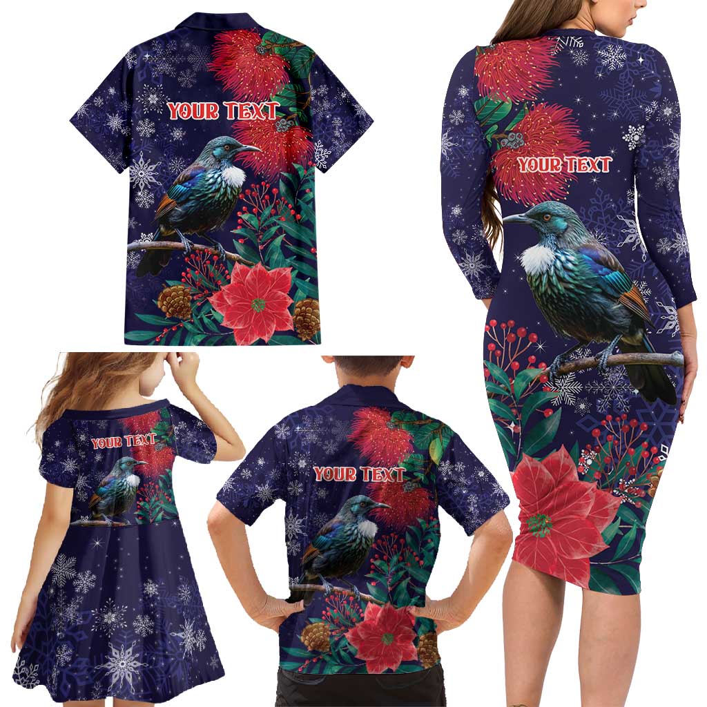 Tui Meri Kirihimete Personalised Family Matching Long Sleeve Bodycon Dress and Hawaiian Shirt Pohutukawa Flowers Blue Motif - Polynesian Pride