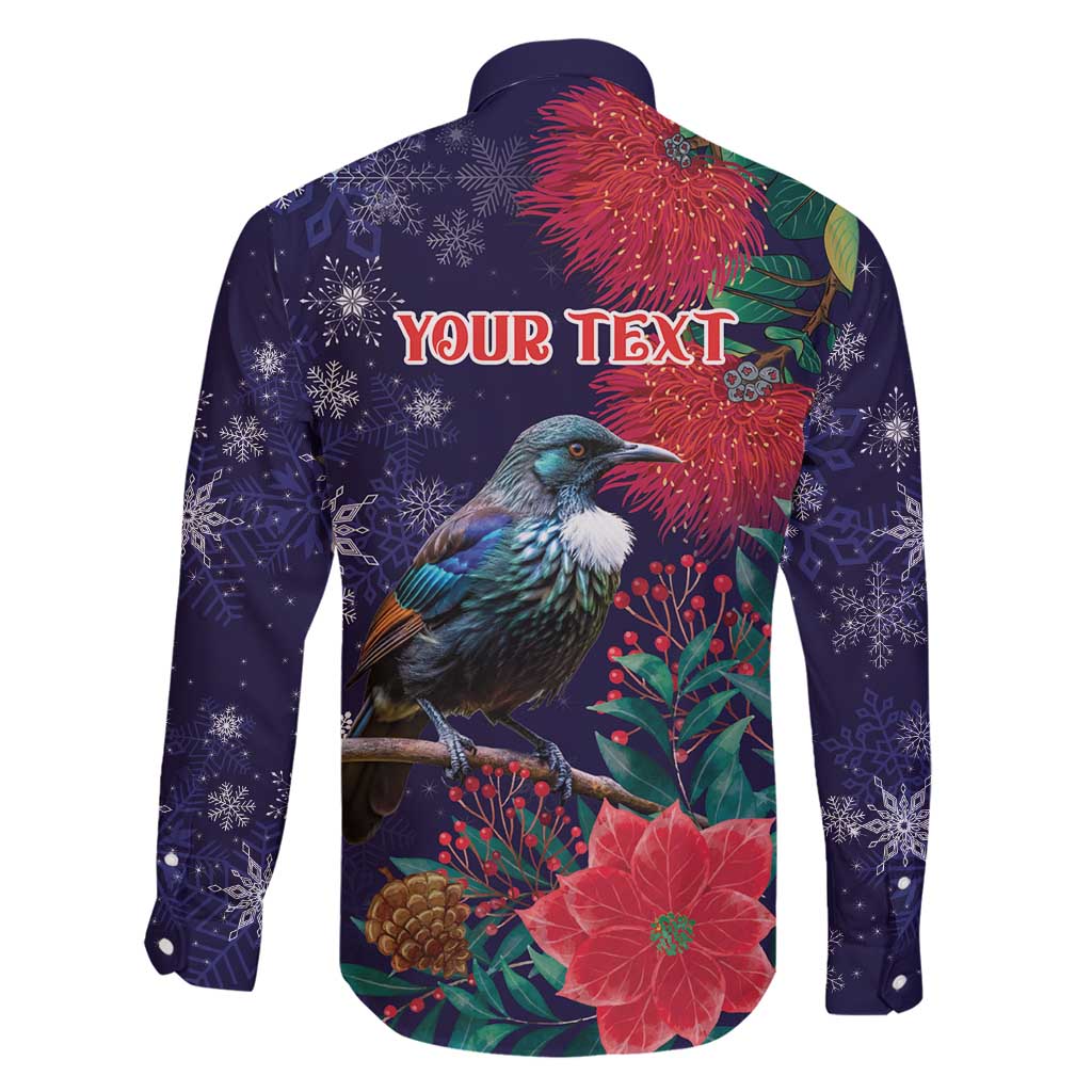 Tui Meri Kirihimete Personalised Family Matching Long Sleeve Bodycon Dress and Hawaiian Shirt Pohutukawa Flowers Blue Motif - Polynesian Pride