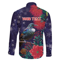 Tui Meri Kirihimete Personalised Family Matching Long Sleeve Bodycon Dress and Hawaiian Shirt Pohutukawa Flowers Blue Motif - Polynesian Pride