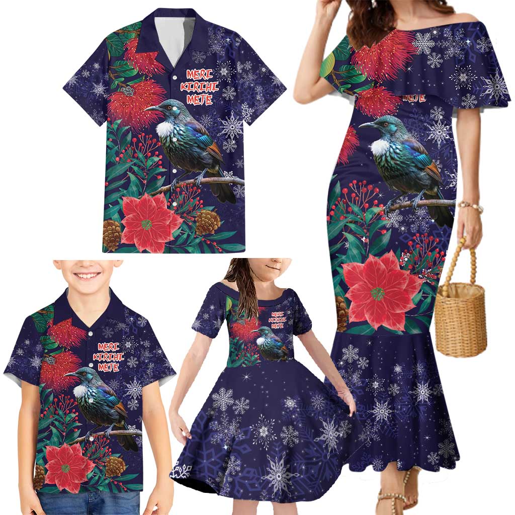 Tui Meri Kirihimete Personalised Family Matching Mermaid Dress and Hawaiian Shirt Pohutukawa Flowers Blue Motif - Polynesian Pride