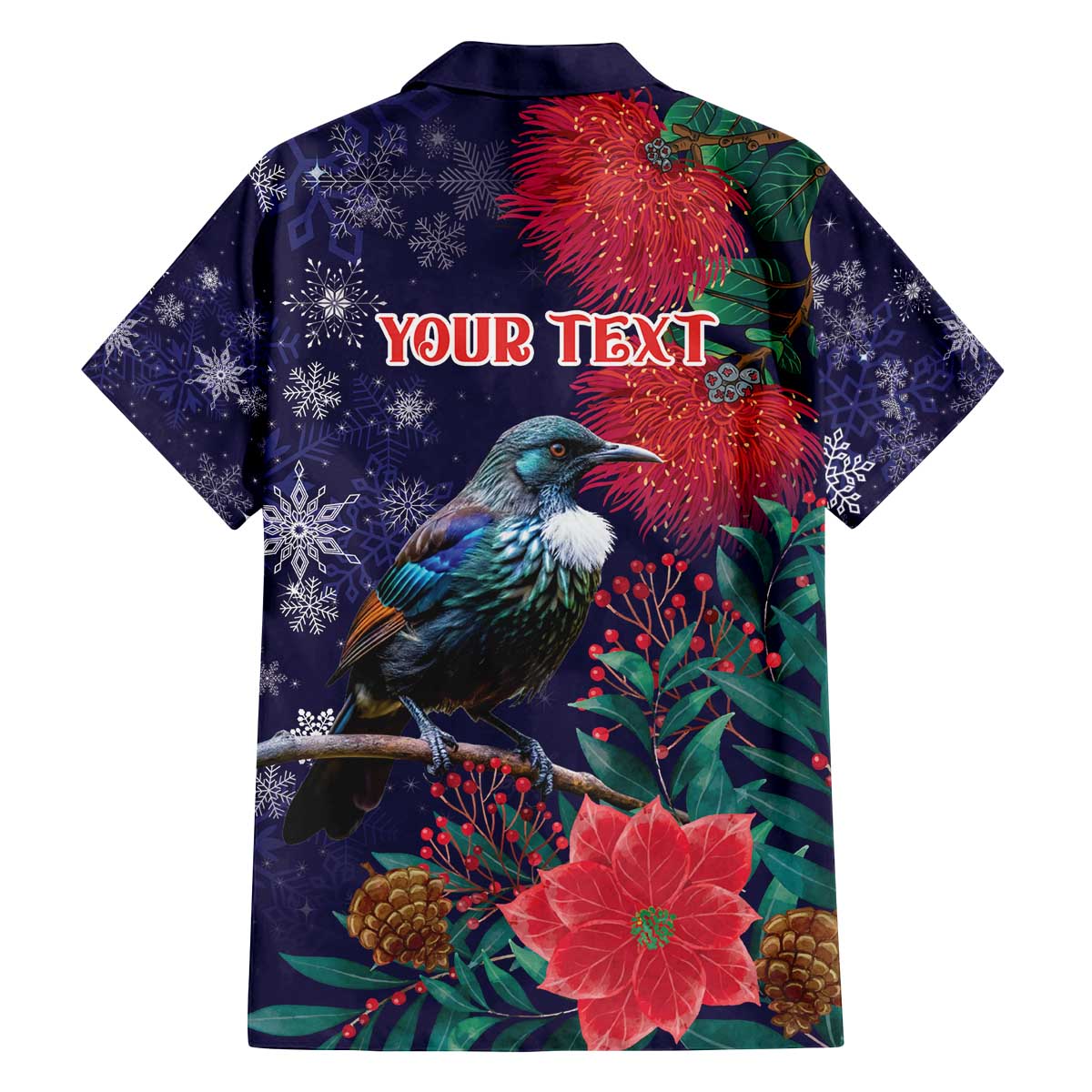 Tui Meri Kirihimete Personalised Family Matching Off The Shoulder Long Sleeve Dress and Hawaiian Shirt Pohutukawa Flowers Blue Motif - Polynesian Pride