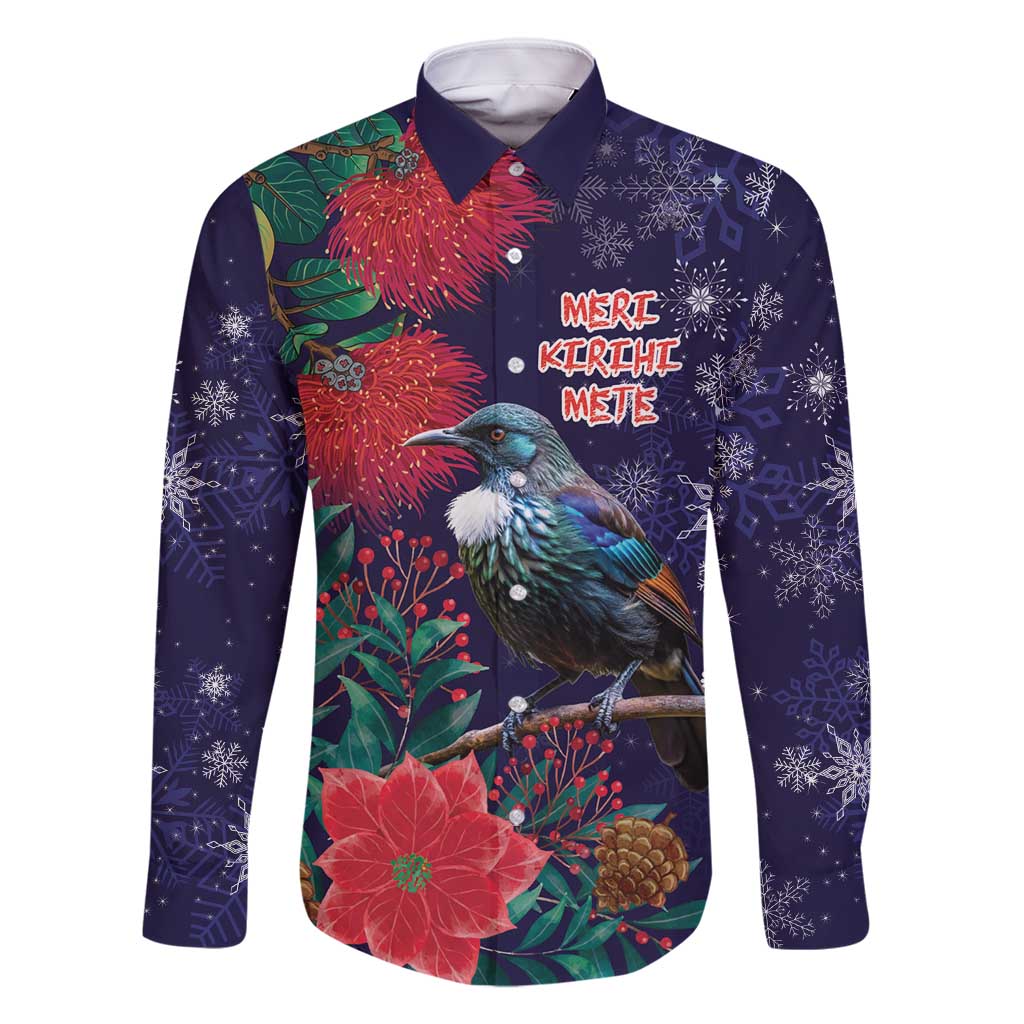 Tui Meri Kirihimete Personalised Family Matching Off Shoulder Maxi Dress and Hawaiian Shirt Pohutukawa Flowers Blue Motif - Polynesian Pride