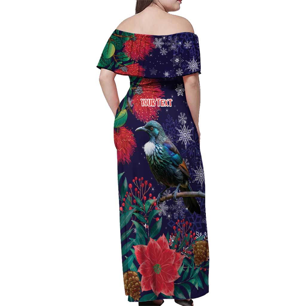 Tui Meri Kirihimete Personalised Family Matching Off Shoulder Maxi Dress and Hawaiian Shirt Pohutukawa Flowers Blue Motif - Polynesian Pride