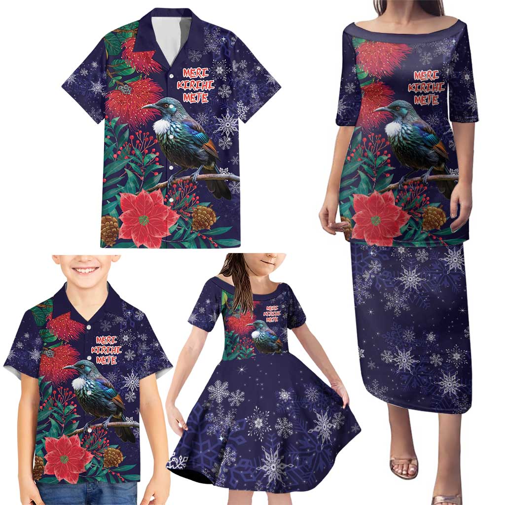 Tui Meri Kirihimete Personalised Family Matching Puletasi and Hawaiian Shirt Pohutukawa Flowers Blue Motif - Polynesian Pride