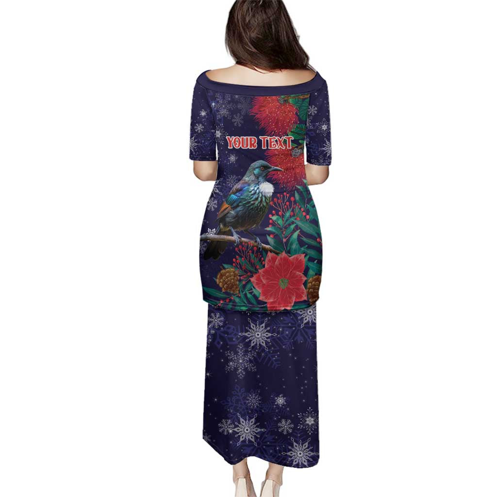 Tui Meri Kirihimete Personalised Family Matching Puletasi and Hawaiian Shirt Pohutukawa Flowers Blue Motif - Polynesian Pride