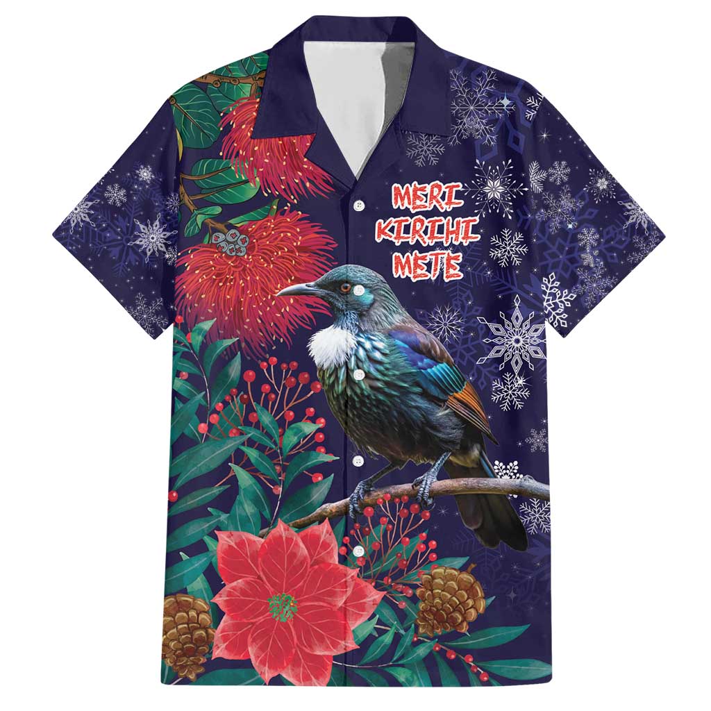Tui Meri Kirihimete Personalised Family Matching Short Sleeve Bodycon Dress and Hawaiian Shirt Pohutukawa Flowers Blue Motif - Polynesian Pride