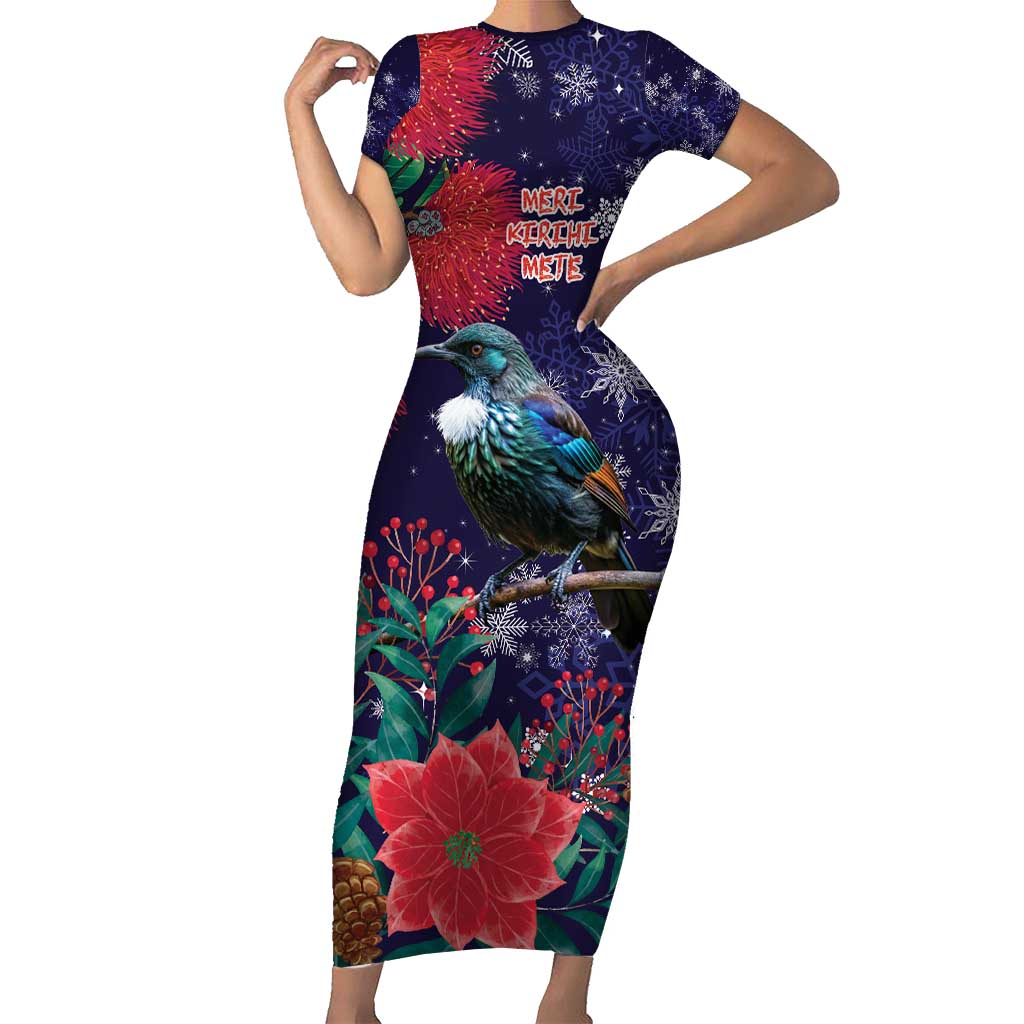 Tui Meri Kirihimete Personalised Family Matching Short Sleeve Bodycon Dress and Hawaiian Shirt Pohutukawa Flowers Blue Motif - Polynesian Pride