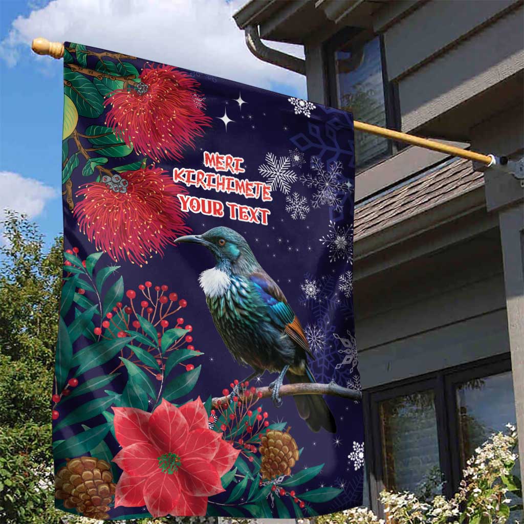 Tui Meri Kirihimete Personalised Garden Flag Pohutukawa Flowers Blue Motif - Polynesian Pride