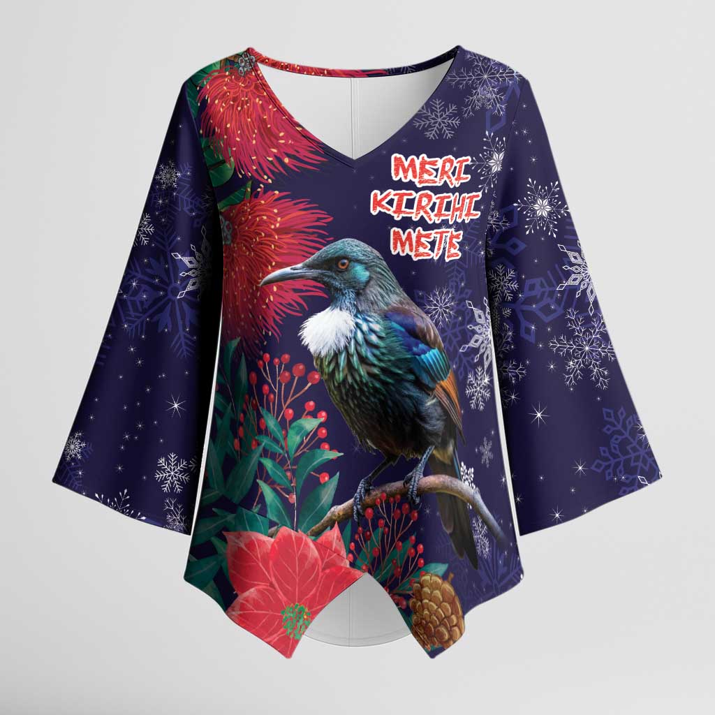 Tui Meri Kirihimete Personalised Kimono Sleeve Blouse Pohutukawa Flowers Blue Motif - Polynesian Pride