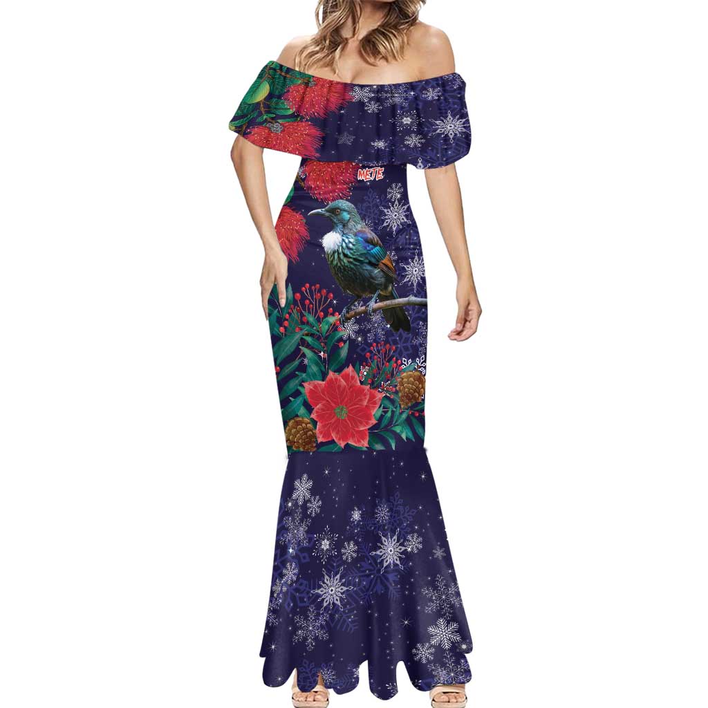 Tui Meri Kirihimete Personalised Mermaid Dress Pohutukawa Flowers Blue Motif - Polynesian Pride
