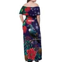 Tui Meri Kirihimete Personalised Off Shoulder Maxi Dress Pohutukawa Flowers Blue Motif - Polynesian Pride
