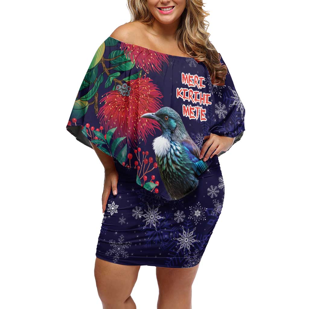 Tui Meri Kirihimete Personalised Off Shoulder Short Dress Pohutukawa Flowers Blue Motif - Polynesian Pride