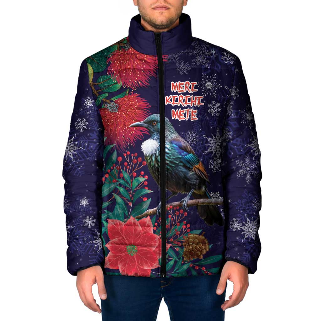 Tui Meri Kirihimete Personalised Padded Jacket Pohutukawa Flowers Blue Motif LT9 Men Blue - Polynesian Pride